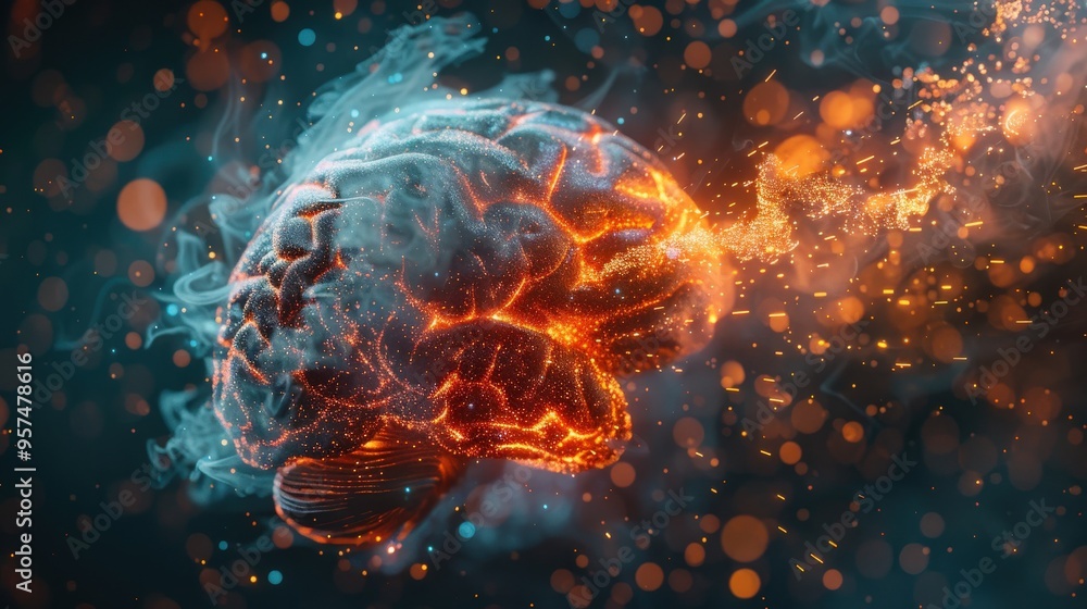 Abstract digital illustration of a glowing, fiery brain with electric sparks, symbolizing intense thought, creativity, and neural energy.. Abstract digital illustration of a glowing, fiery brain with electric sparks, symbolizing intense thought, creativity, and neural energy..