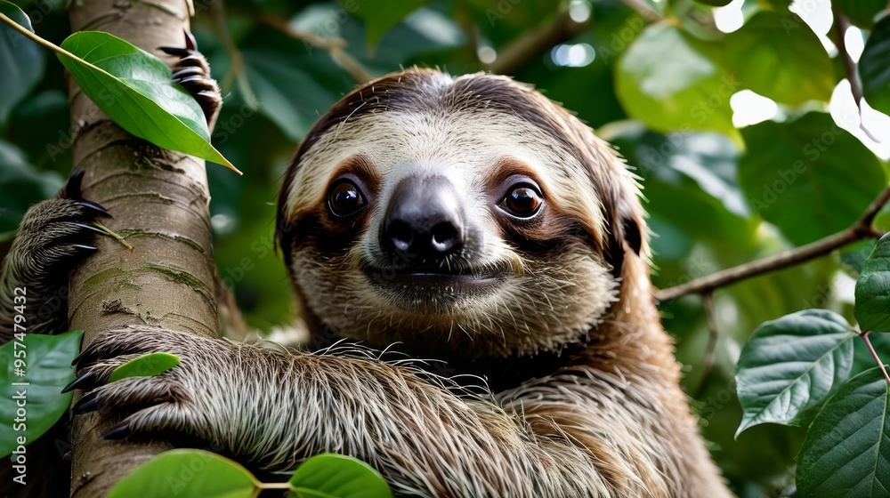 Fototapeta premium Brown and White Sloth Hanging From Tree