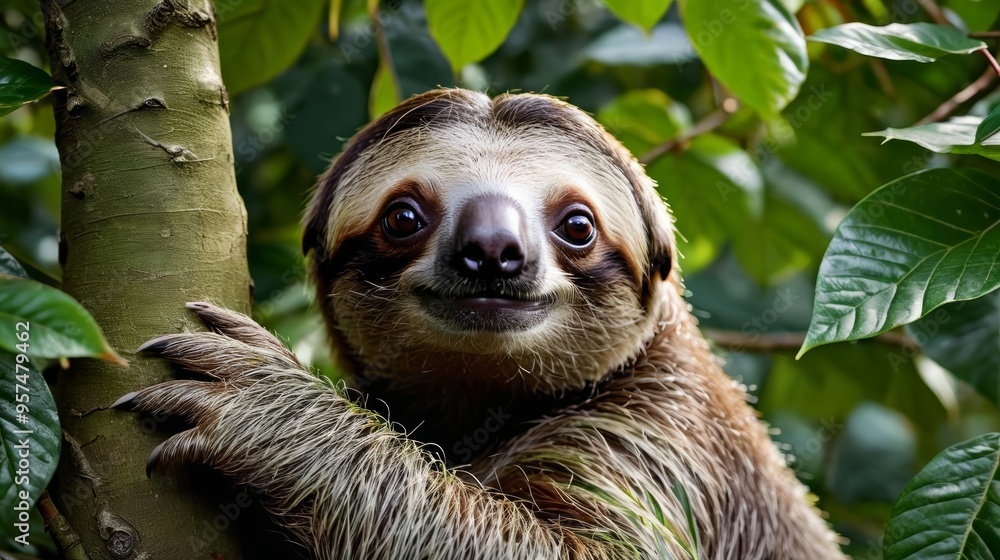 Brown and White Sloth Hanging From Tree Brown and White Sloth Hanging From Tree