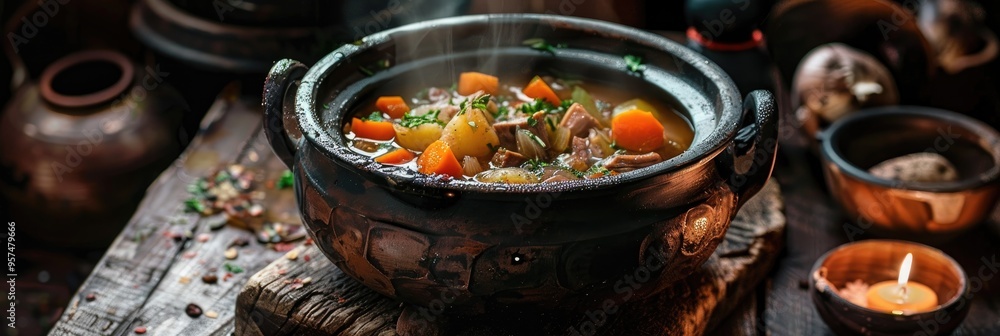 Hearty stew featuring smoked pork and root vegetables served in a rustic pot on a wooden table. Hearty stew featuring smoked pork and root vegetables served in a rustic pot on a wooden table.