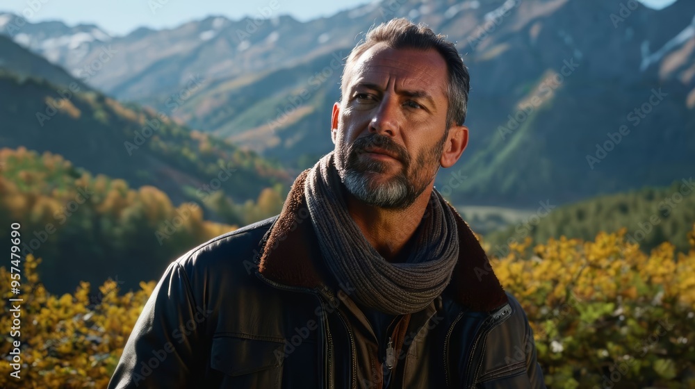 Man Standing in Front of Mountains With Scarf Around His Neck Man Standing in Front of Mountains With Scarf Around His Neck