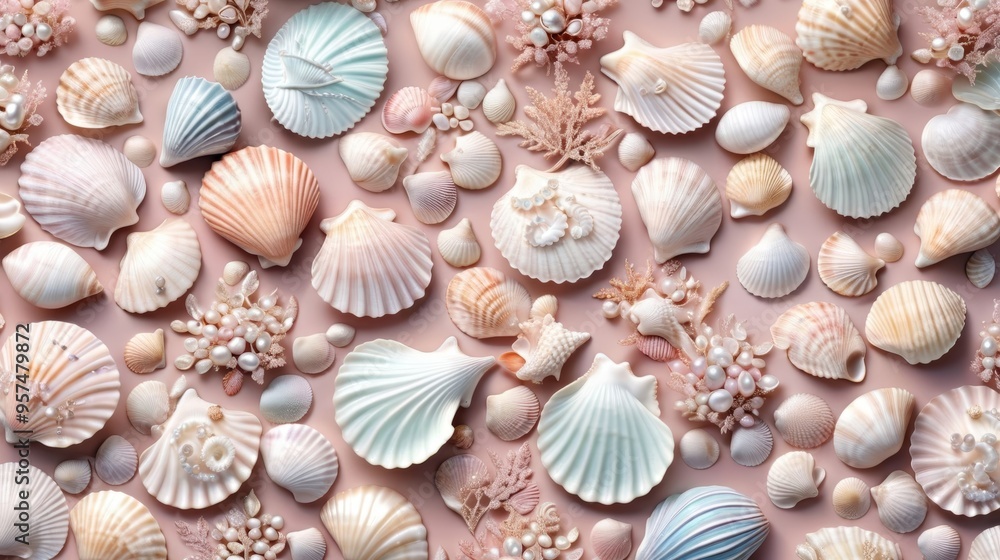 Assorted Seashells on Pink Background Assorted Seashells on Pink Background