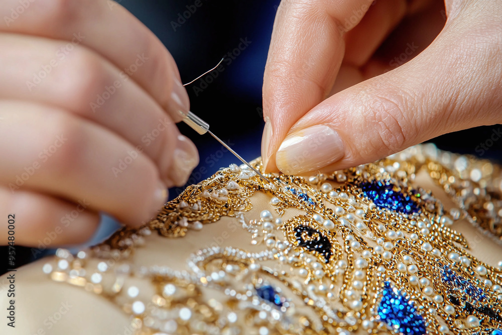 a skilled seamstress hand-sewing intricate beadwork on a formal gown a skilled seamstress hand-sewing intricate beadwork on a formal gown