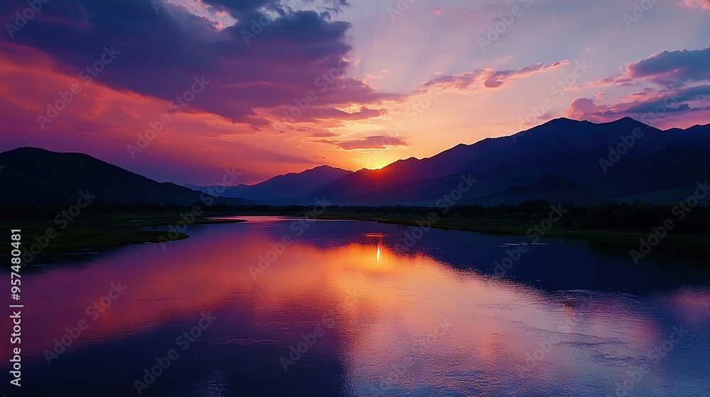 A body of water surrounded by mountains under a purple and blue sky, with the sun setting in the middle A body of water surrounded by mountains under a purple and blue sky, with the sun setting in the middle