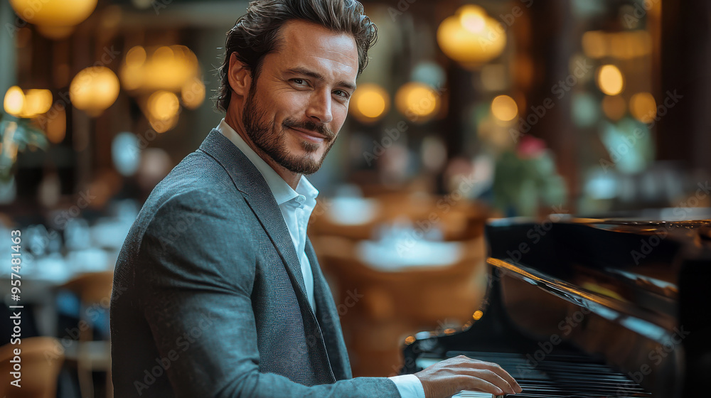 Handsome man in a suit playing piano in a luxurious restaurant, smiling confidently, indoor evening setting with ambient lighting and elegant atmosphere Handsome man in a suit playing piano in a luxurious restaurant, smiling confidently, indoor evening setting with ambient lighting and elegant atmosphere