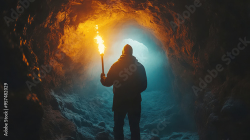 Man holding flaming torch in dark mysterious cave, exploring underground passage, adventure and survival, intense dramatic lighting, discovery and danger photo