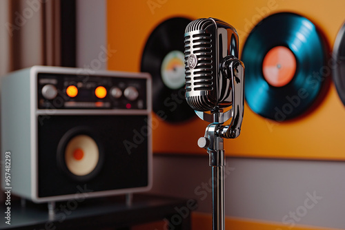 a stylish podcast corner featuring a retro-style microphone, vinyl records on the wall, and a vintage radio repurposed as a decorative piece