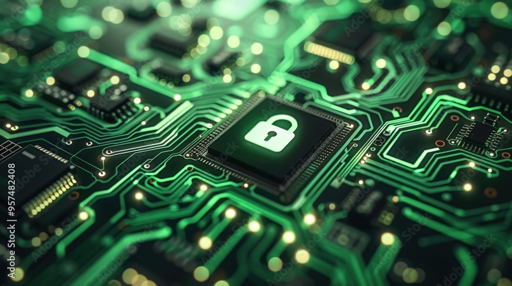 Close-up of a secure circuit board featuring a green lock symbol, representing cybersecurity and protection against cyber threats.. Close-up of a secure circuit board featuring a green lock symbol, representing cybersecurity and protection against cyber threats..