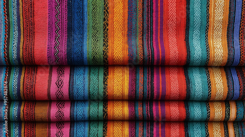 Vibrant Andean Textile: A tapestry of colorful, handwoven fabric with intricate patterns, showcasing the rich cultural heritage of the Andes. 
