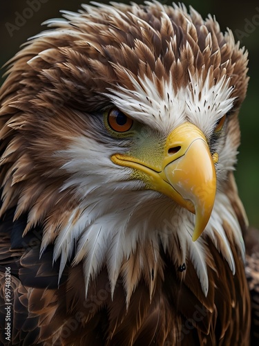 Iridescent eagle closeup of head, beak closed,