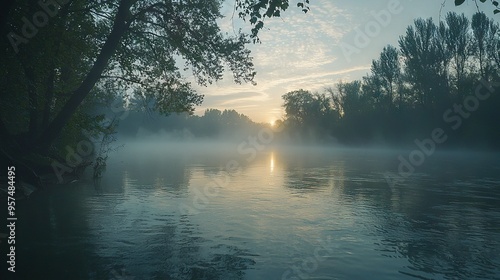 Wallpaper Mural   A foggy day with a tree-surrounded body of water and distant sun rays piercing the foliage Torontodigital.ca