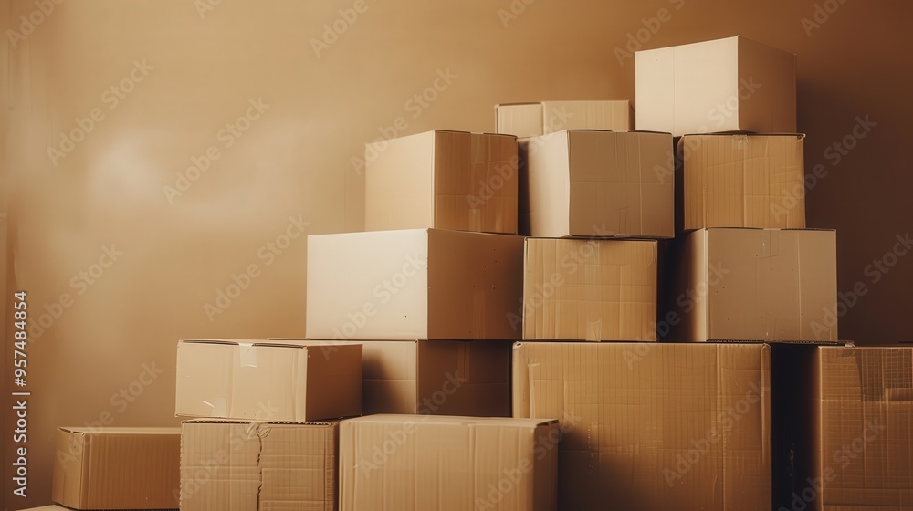 A pile of brown cardboard boxes against a plain background, perfect for illustrating shipping, packaging, and storage concepts.. A pile of brown cardboard boxes against a plain background, perfect for illustrating shipping, packaging, and storage concepts..