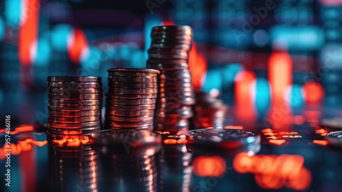 Coin stacks in front of an illuminated stock market graph, perfect for illustrating financial growth and investment opportunities..