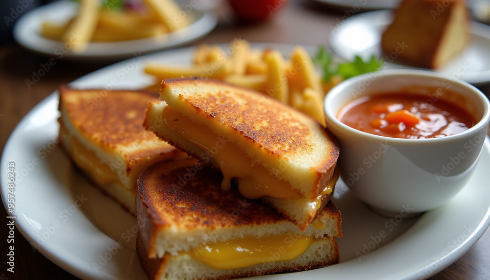 Angled shot of a grilled cheese sandwich, served with a cup of tomato soup for dipping Angled shot of a grilled cheese sandwich, served with a cup of tomato soup for dipping