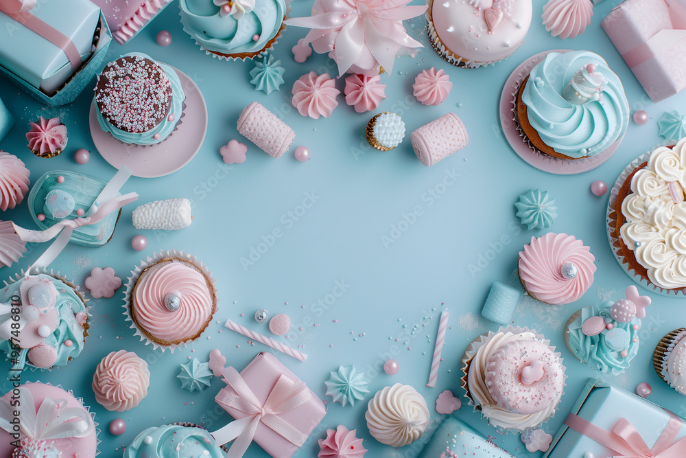 Fototapeta premium A blue background with a variety of cupcakes and other desserts