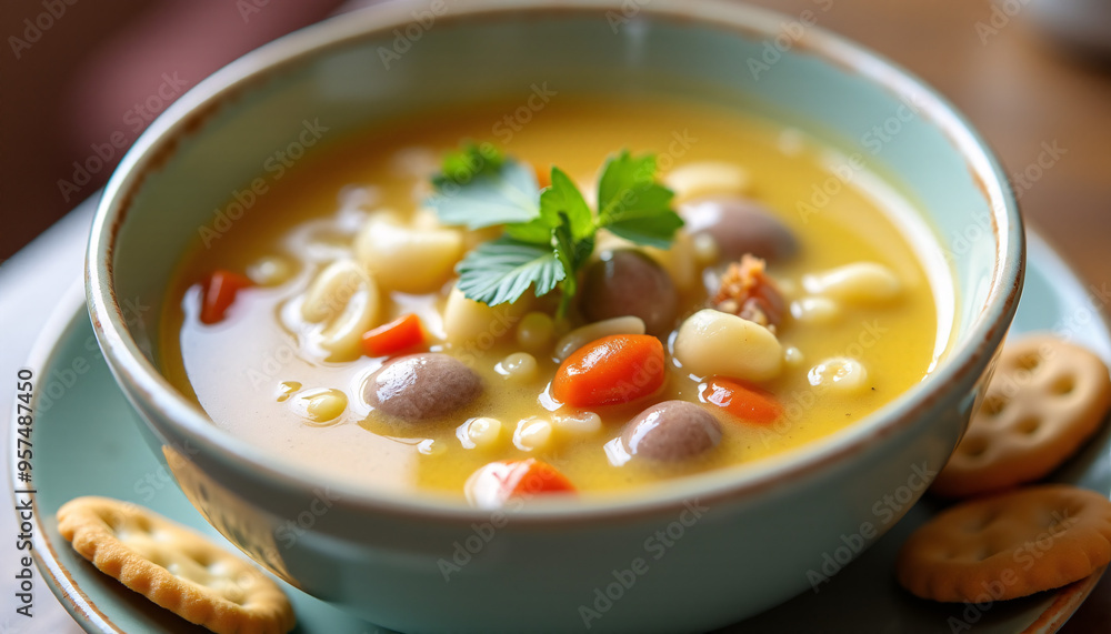 Close-up of a bowl of clam chowder, served with a side of oyster crackers Close-up of a bowl of clam chowder, served with a side of oyster crackers