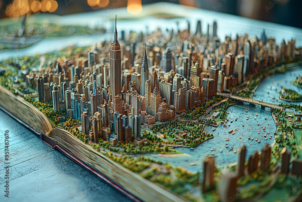 A giant book with pages that flip open to reveal a 3D map of a city, where landmarks are represented by miniature models. Concept of interactive and dimensional information. A giant book with pages that flip open to reveal a 3D map of a city, where landmarks are represented by miniature models. Concept of interactive and dimensional information.