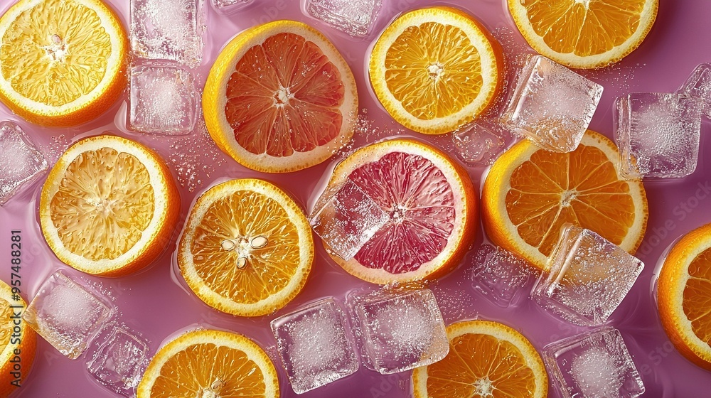 Oranges and grapefruits cut in half on ice cubes on a pink surface with a pink background Oranges and grapefruits cut in half on ice cubes on a pink surface with a pink background