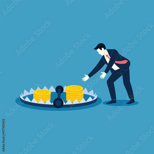 Money trap to trick greed people, danger fraud or threat to attack victim. financial or investment problem concept illustration