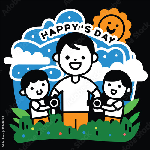 A cartoon illustration of a father and his two children holding cameras, smiling happily in a grassy field with a bright blue sky and a smiling sun