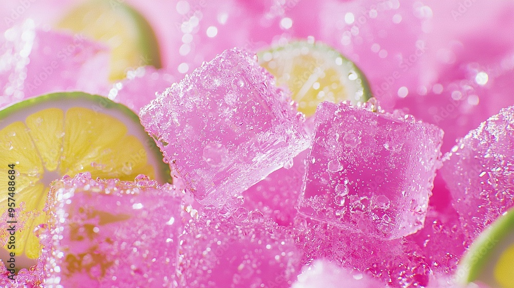 Close-up of a lemon and lime slice on a pink background with water droplets on top Close-up of a lemon and lime slice on a pink background with water droplets on top