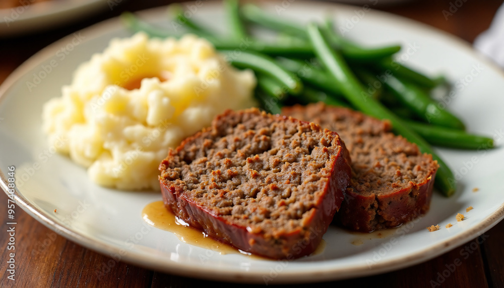 Angled shot of a plate of meatloaf, served with mashed potatoes and green beans Angled shot of a plate of meatloaf, served with mashed potatoes and green beans