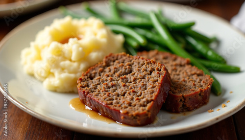 Angled shot of a plate of meatloaf, served with mashed potatoes and green beans