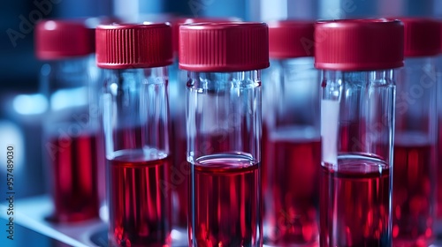 Close Up of Glass Vials Filled With Red Liquid in a Laboratory Setting