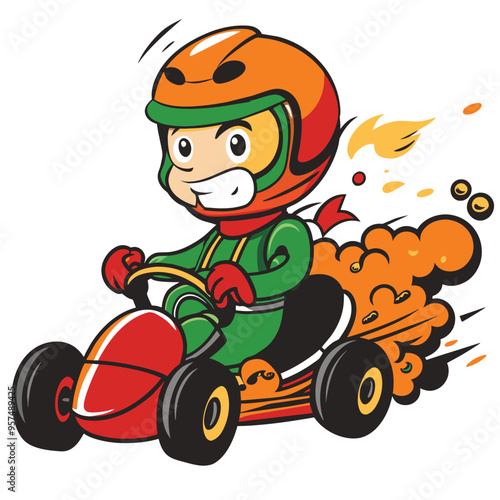 A cartoon racer in a green suit and orange helmet speeds through a track in a red kart, leaving behind a trail of orange smoke and fire