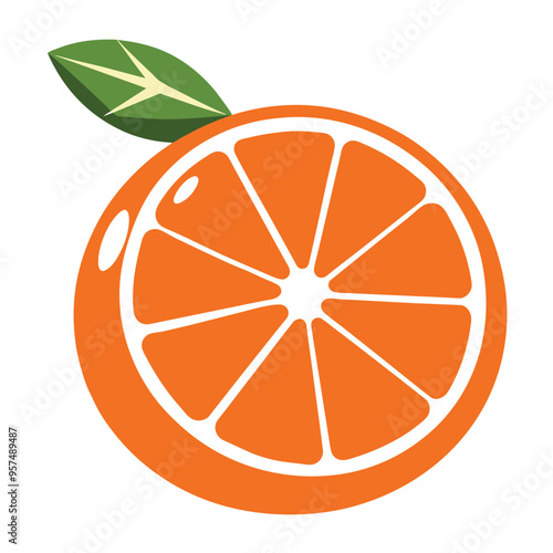 Close-up digital image of a juicy orange slice with a green leaf, cut in half to show its segmented interior, set against a white background