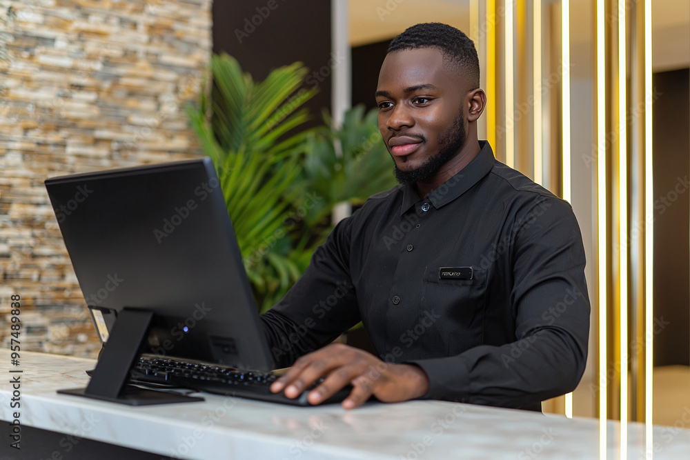 a young Black hotel manager handling a computer and phone at the reception desk, with a dynamic and engaged attitude a young Black hotel manager handling a computer and phone at the reception desk, with a dynamic and engaged attitude