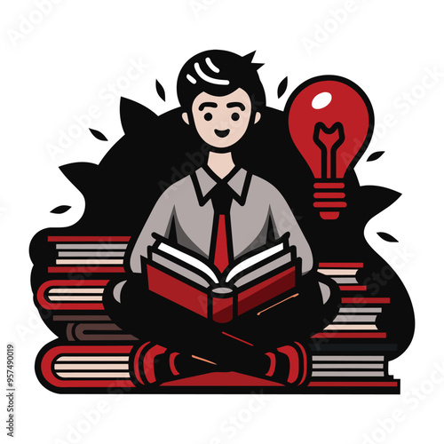 A man sits cross-legged atop a stack of books, engrossed in reading an open book. A red light bulb glows brightly behind him, representing a new idea