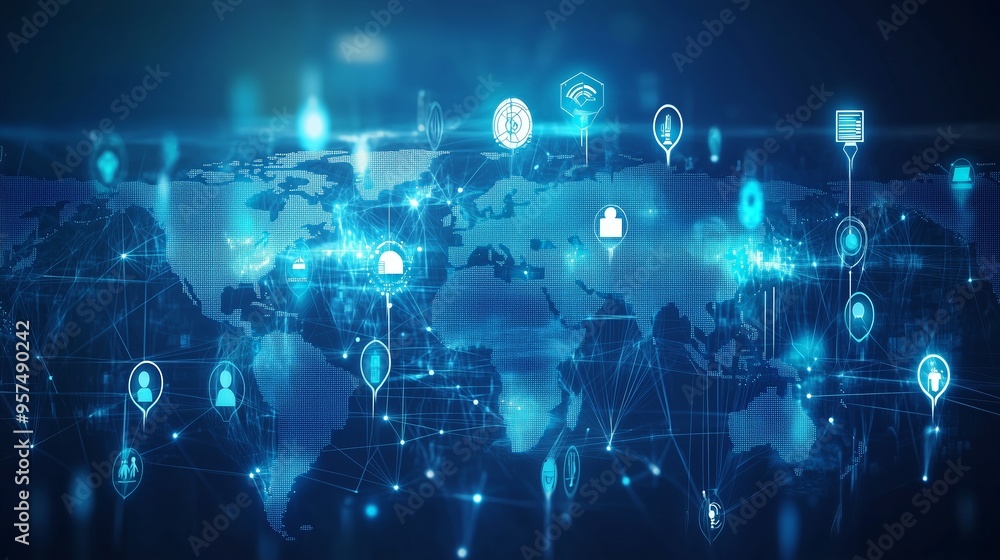 A digital representation of a global network connecting various technology icons and locations in a futuristic design A digital representation of a global network connecting various technology icons and locations in a futuristic design