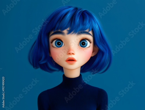 3d digital illustration of blue-haired roll girl with big eyes and pensive expression isolated on blue background