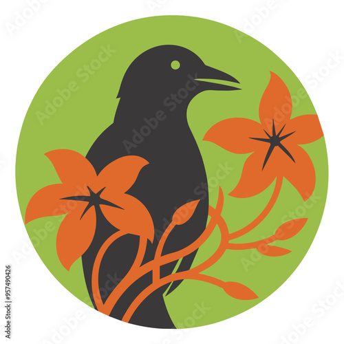 A black bird, depicted in silhouette, perches on a branch with orange flowers. The intricate artwork is created using the paper quilling technique
