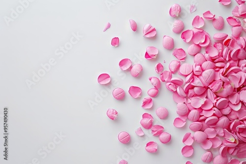 Rose pills scattered on a white background. Treatment of coronavirus