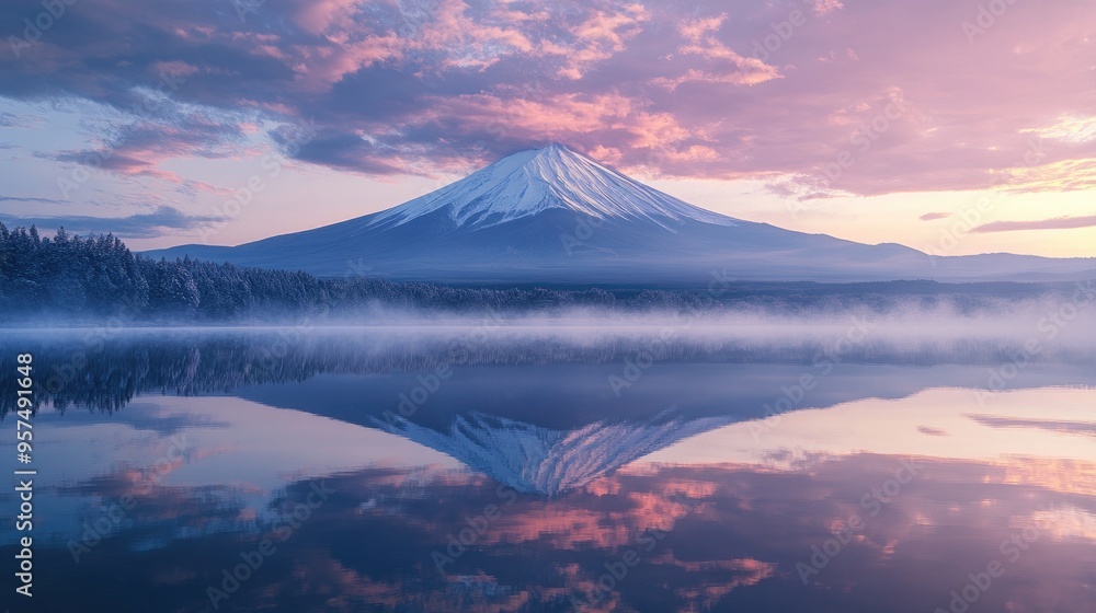 Fototapeta premium Mount Fuji reflected in the waters of Lake Shoji at dawn, with a soft pink hue illuminating the mountain and sky