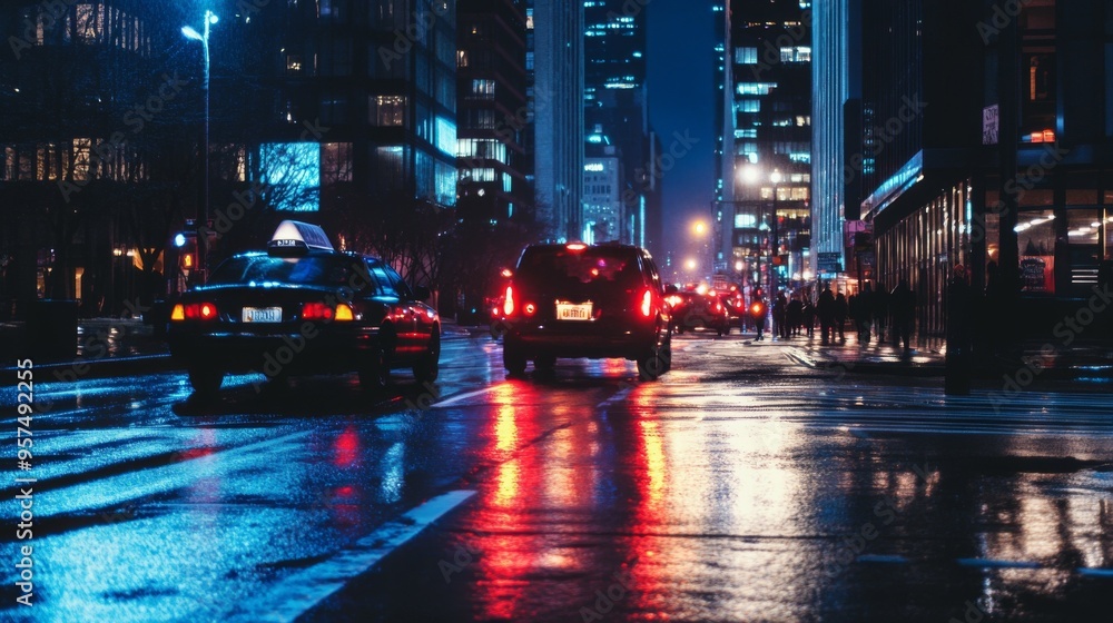 Fototapeta premium City Nightscape with Vehicle Reflections
