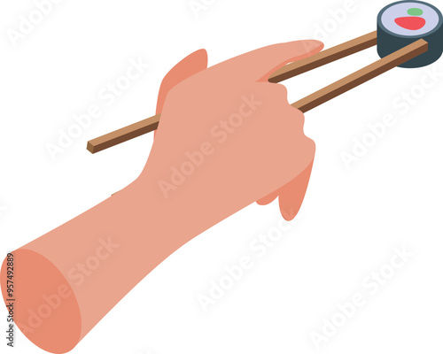Hand using chopsticks to pick up a piece of sushi, isolated on a white background, in isometric view