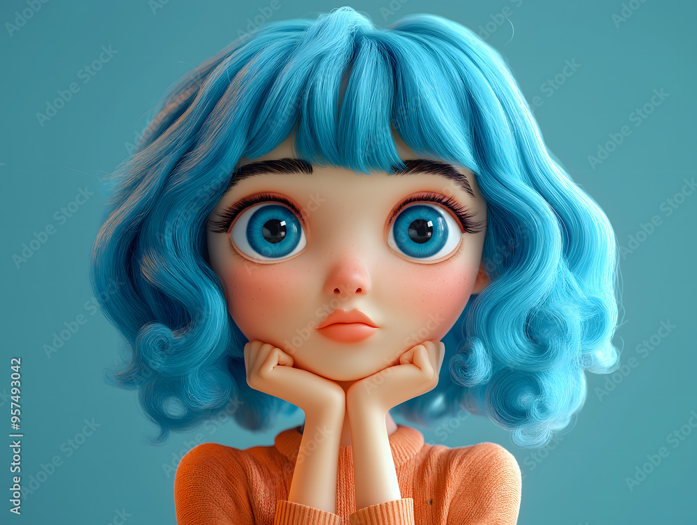 3d digital illustration of blue-haired roll girl with big eyes and pensive expression isolated on blue background 3d digital illustration of blue-haired roll girl with big eyes and pensive expression isolated on blue background