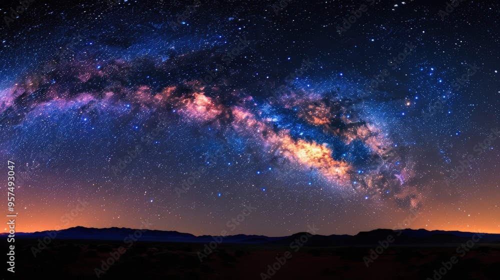 Majestic Milky Way galaxy glowing in the night sky, showcasing the universe's wonders with vibrant colors and starry brilliance..