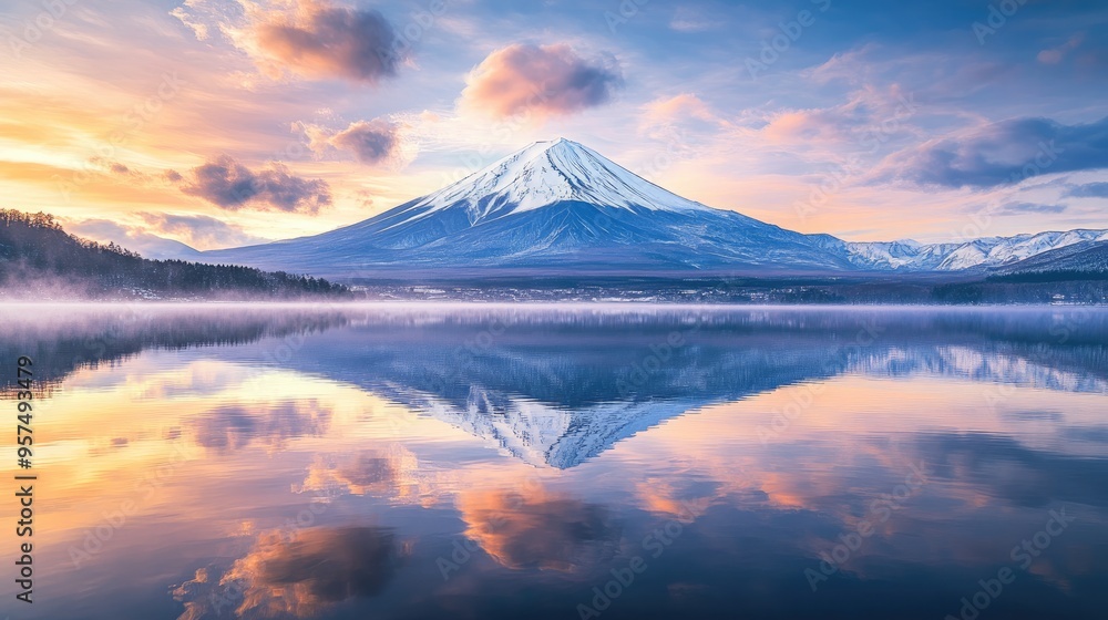 Snow-capped Mount Fuji reflected in the still waters of Lake Kawaguchi during sunrise, creating a perfect mirror image Snow-capped Mount Fuji reflected in the still waters of Lake Kawaguchi during sunrise, creating a perfect mirror image