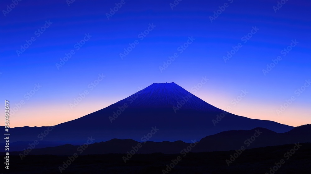 The silhouette of Mount Fuji at dusk, with a deep blue sky and the last rays of sunlight illuminating the horizon The silhouette of Mount Fuji at dusk, with a deep blue sky and the last rays of sunlight illuminating the horizon