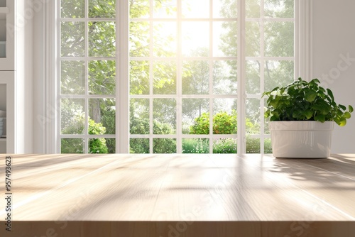 Wooden tabletop with natural light, green plant, and a white wall background with a large window.