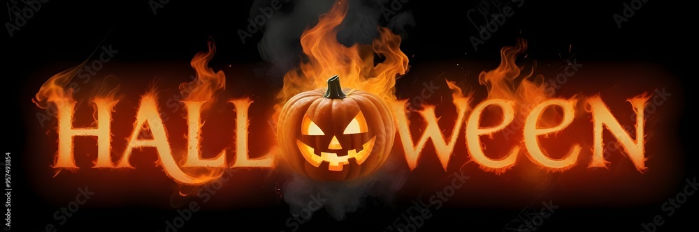 Naklejka premium 3D Halloween text with fire letters, and creepy lantern jack-o face
