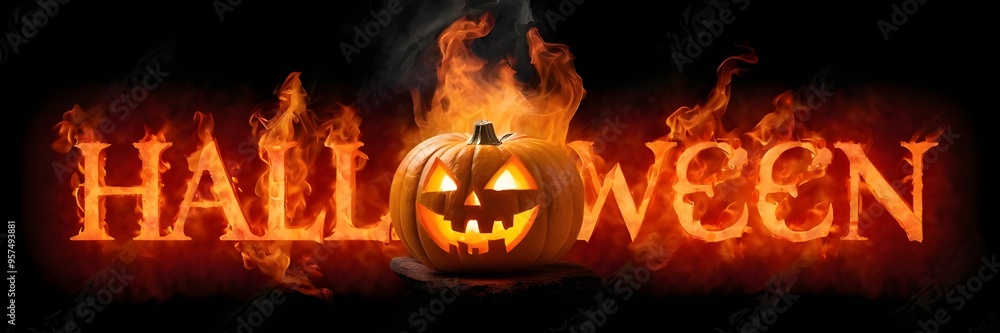 3D Halloween text with fire letters, and creepy lantern jack-o face 3D Halloween text with fire letters, and creepy lantern jack-o face