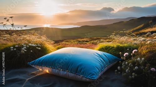 Blue Pillow on Lush Green Hillside