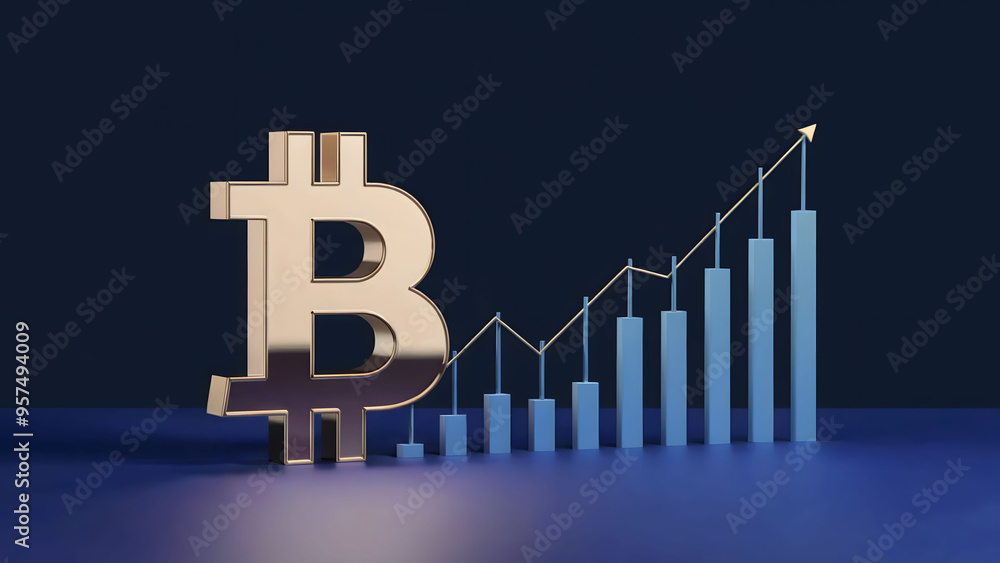 3D Golden Bitcoin Symbol with a Rising Candlestick Chart and Upward Trend Arrow in the Background 3D Golden Bitcoin Symbol with a Rising Candlestick Chart and Upward Trend Arrow in the Background