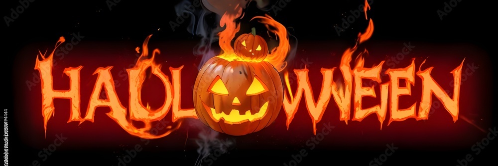 3D Halloween text with fire letters, and creepy lantern jack-o face 3D Halloween text with fire letters, and creepy lantern jack-o face