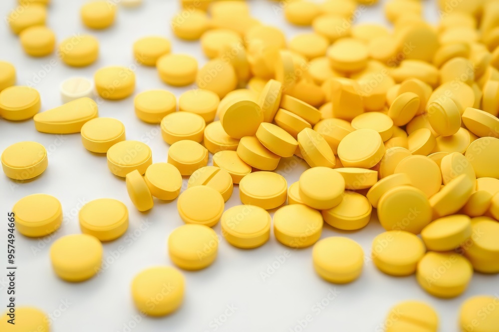 Yellow pills scattered on a white background. Treatment of coronavirus Yellow pills scattered on a white background. Treatment of coronavirus